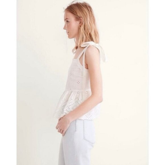 Madewell Rosalie White Tie-Strap Geometric Eyelet Peplum Top Women’s Large - Picture 2 of 8